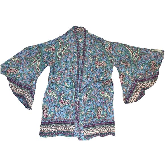 100% Silk Belted Kimono Robe W/ Bell Sleeves. Made In India. Vibrant Midi Blue - Picture 8 of 12